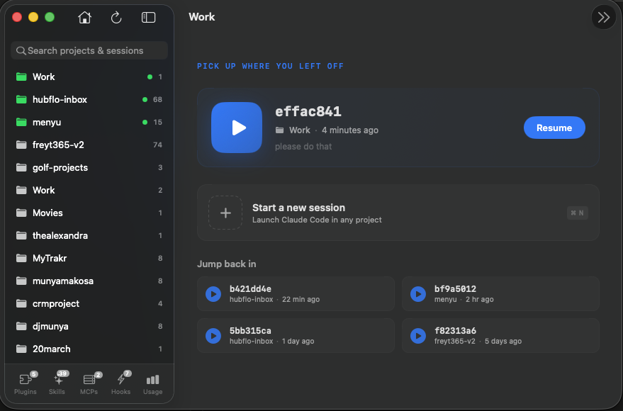 Work's home screen: feature card with most recent session, jump back in grid, sidebar with all projects